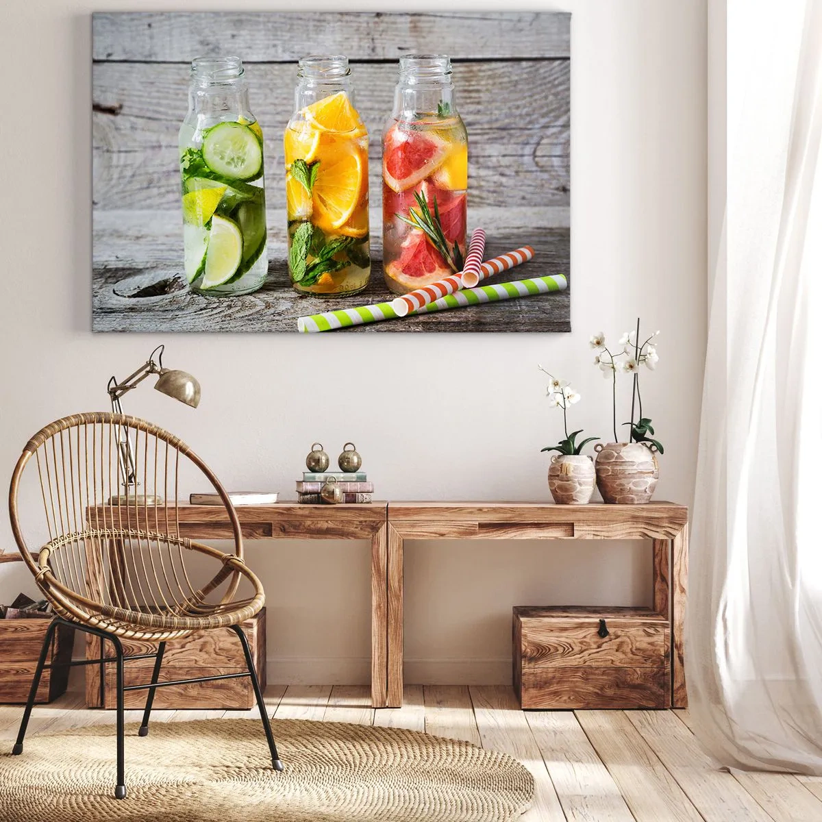 Obraz na plátne - Fľaše ovocnej vody a byliniek na drevenom pozadí - 70x50cm - Zdravé od prírody - Moderná nástenná dekorácia do obývacej izby a spálne ARTTOR