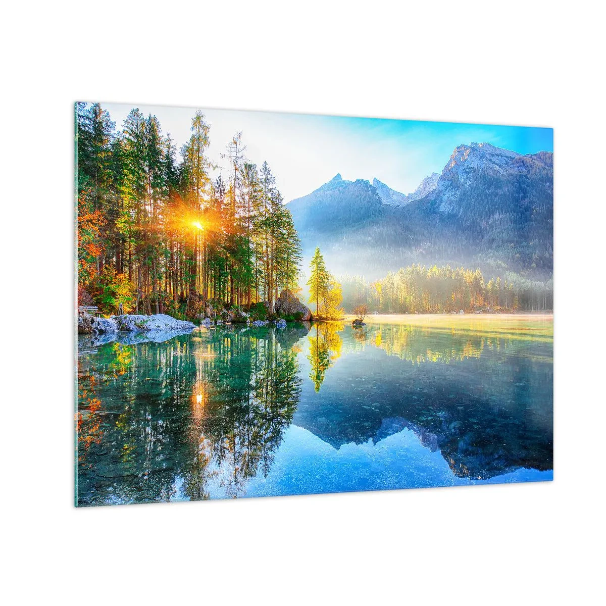 Obraz na skle - Horská krajina s jazerom a ranným slnkom - 70x50cm - Majestát a sladkosť - Moderná nástenná dekorácia do obývacej izby a spálne ARTTOR
