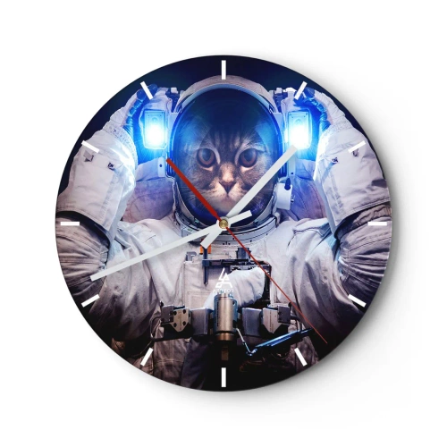 Nástenné hodiny - Mačka v astronautickom obleku s modrým svetlom v pozadí. - 30x30cm - Houston, máte problém - Moderná nástenná dekorácia do obývacej izby, kuchyne a spálne ARTTOR