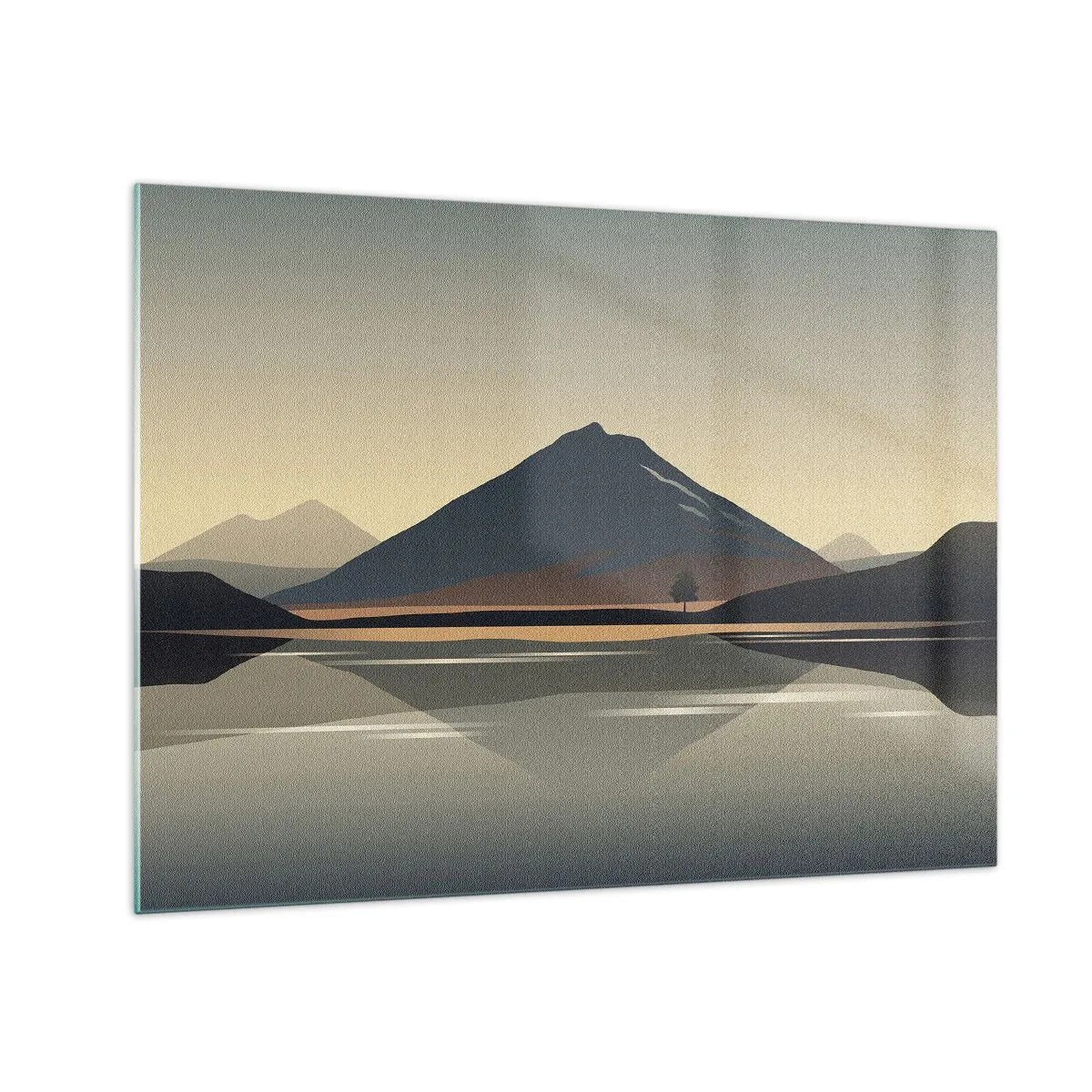 Obraz na skle - Hory a jazero v teplých tónoch s reflexným efektom - 70x50cm - Zrkadlový odraz - Moderná nástenná dekorácia do obývacej izby a spálne ARTTOR