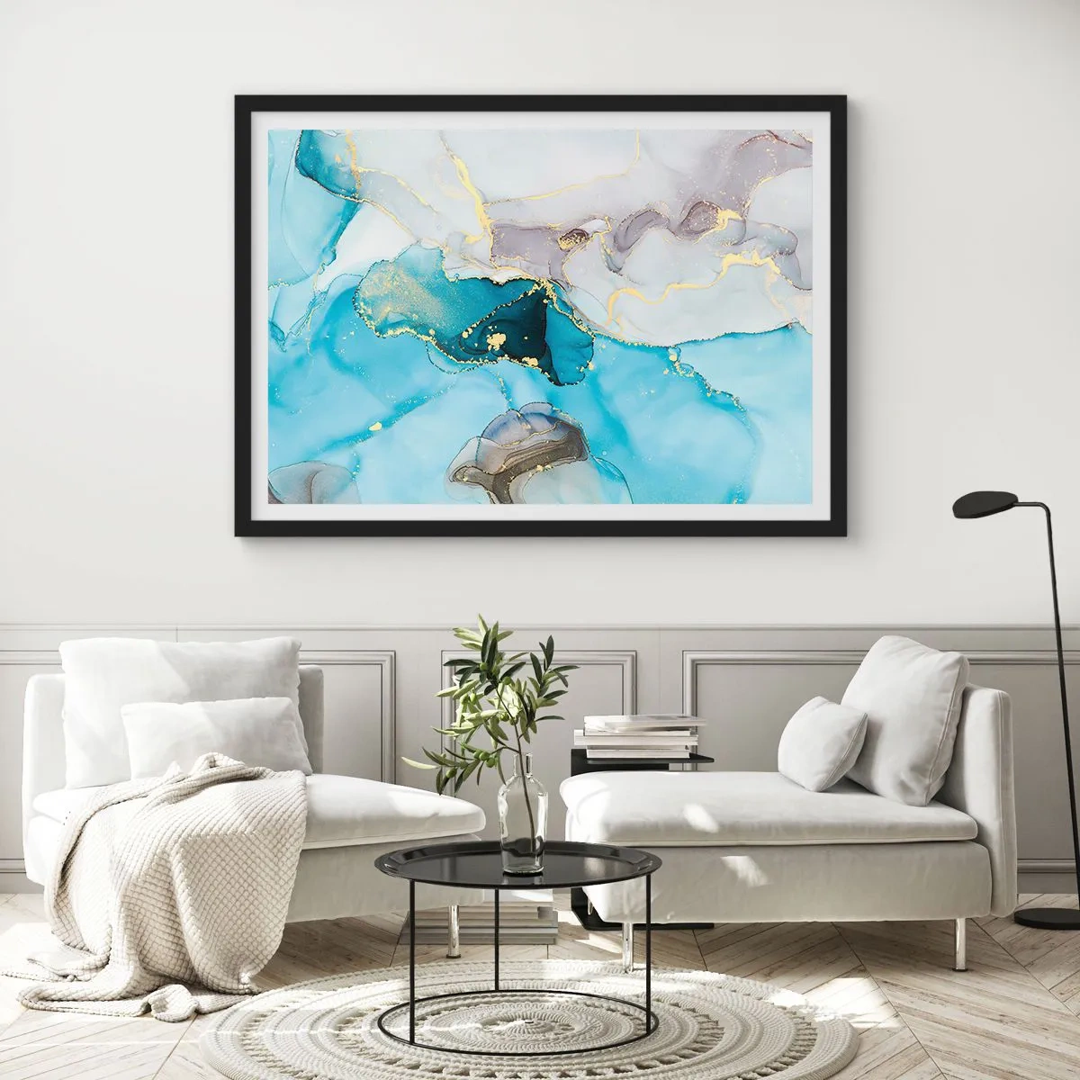 Plagát v čiernom ráme - Štúdia o stretnutí šedej a tyrkysovej - 100x70 cm