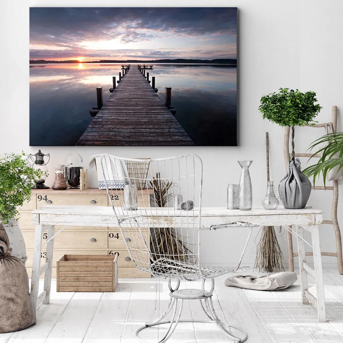 Obraz na plátne - Mólo na jazere pri západe slnka v pokojnej krajine - 70x50cm - Tichá hranica medzi dňom a nocou - Moderná nástenná dekorácia do obývacej izby a spálne ARTTOR