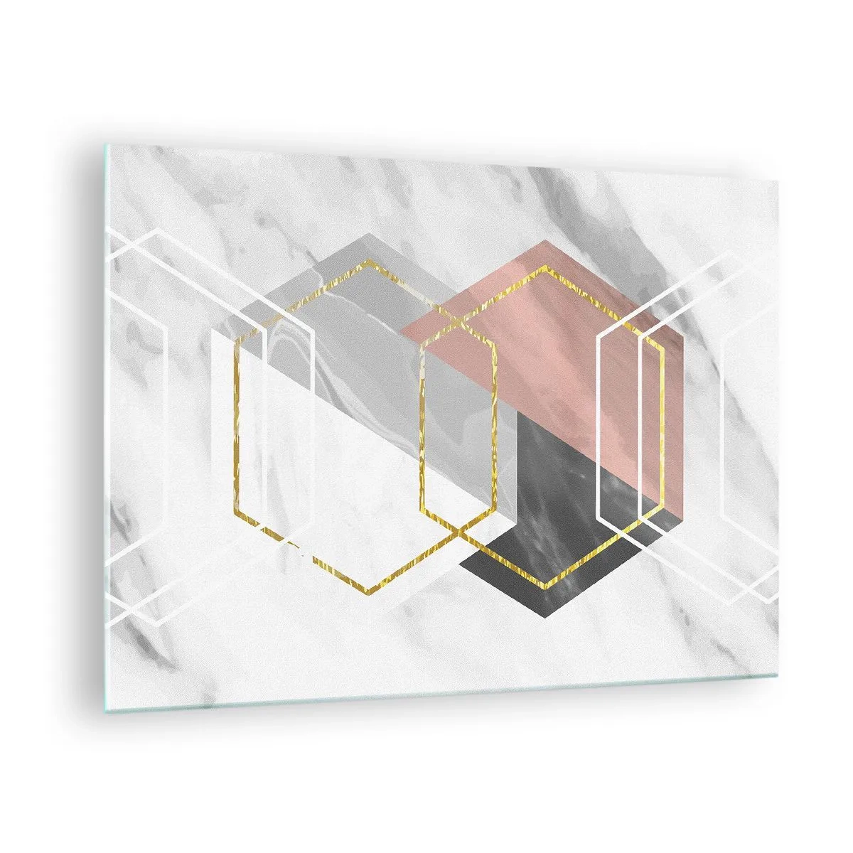 Obraz na skle - Zlaté geometrické tvary na mramorovom pozadí - 70x50cm - Reťazová kompozícia - Moderná nástenná dekorácia do obývacej izby a spálne ARTTOR