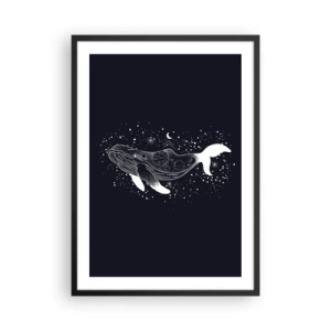 Plagát v čiernom ráme - Vesmírna veľryba v grafickom štýle na čiernom pozadí - 50x70cm - V oceáne vesmíru - Moderná nástenná dekorácia do obývacej izby a spálne ARTTOR