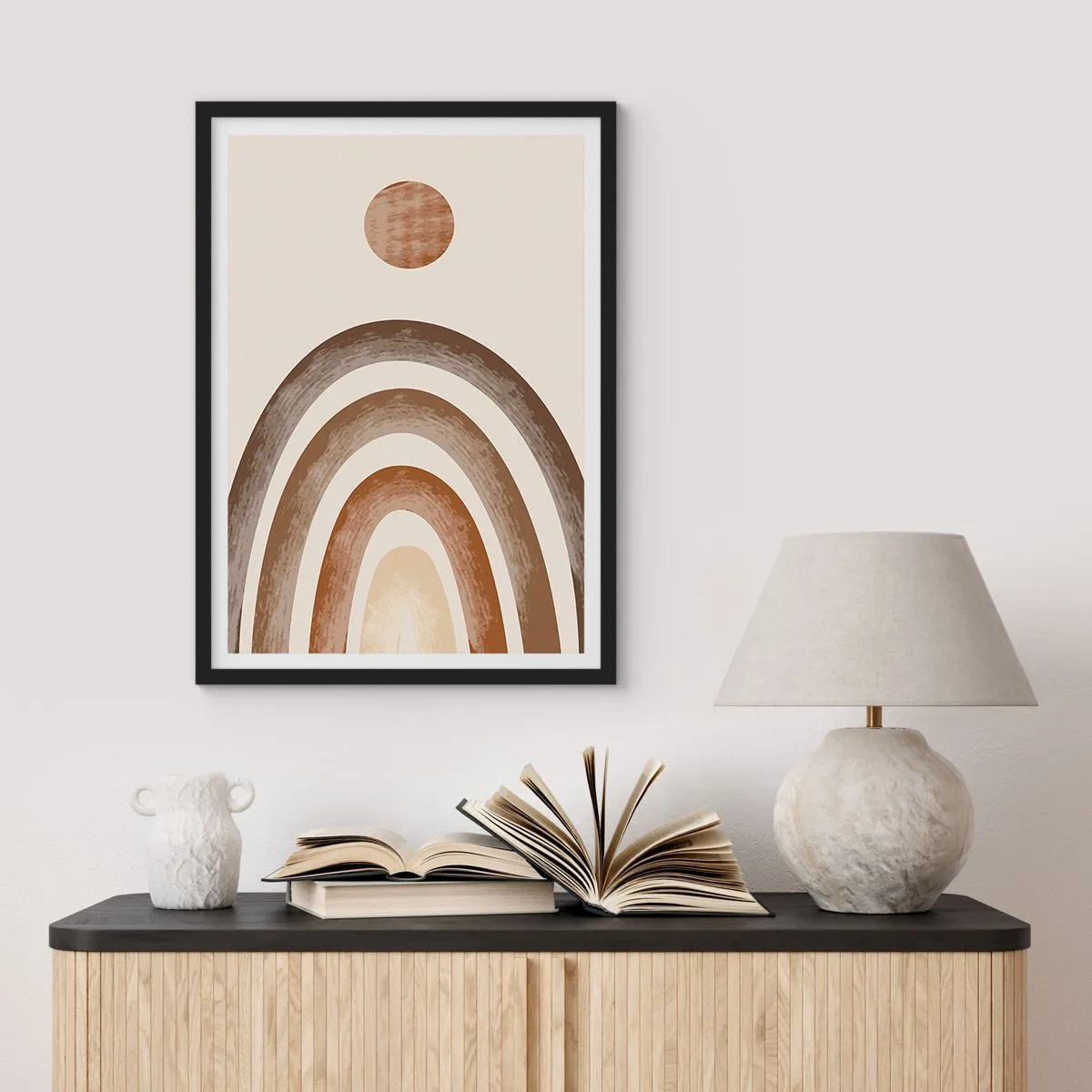 Plagát v čiernom ráme - Abstraktný motív oblúkov a slnka v zemitých tónoch - 50x70cm - V ďalekej galaxii - Moderná nástenná dekorácia do obývacej izby a spálne ARTTOR