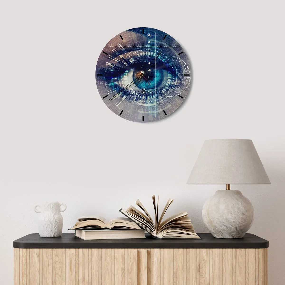 Nástenné hodiny - Oko obklopené digitálnou grafikou - 30x30cm - Myslíš si, že ma poznáš - Moderná nástenná dekorácia do obývacej izby, kuchyne a spálne ARTTOR