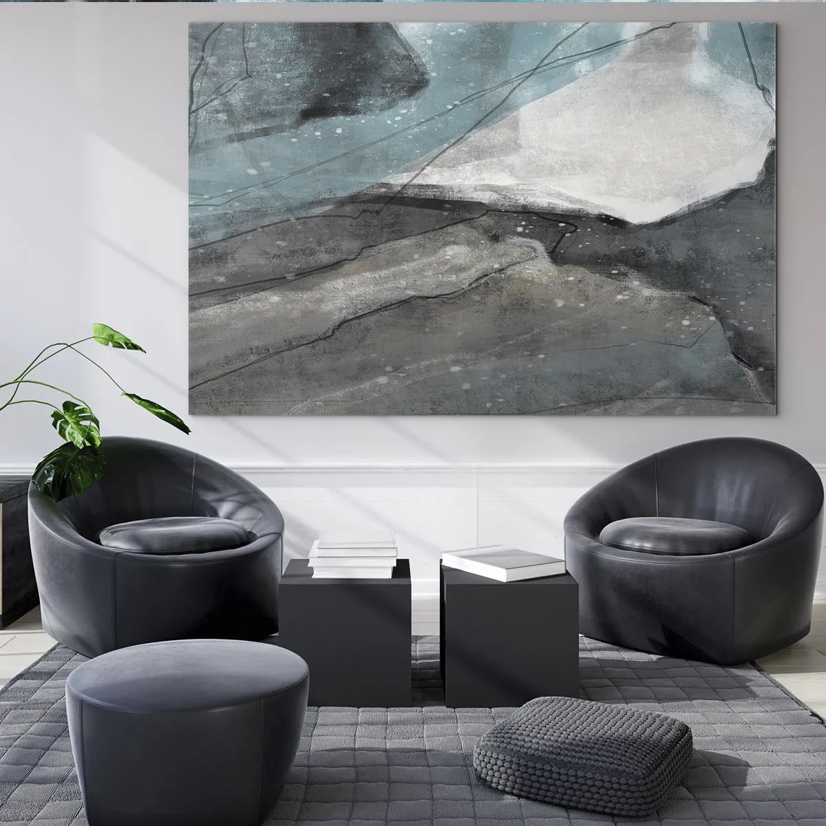 Obraz na skle - Abstraktné zobrazenie skál a ľadu v chladnej farebnej palete. - 70x50cm - Abstrakcie: skaly a ľad - Moderná nástenná dekorácia do obývacej izby a spálne ARTTOR