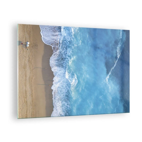 Obraz na skle - Letecký pohľad na pláž a rozbíjajúce sa vlny - 70x50cm - Sila modrej - Moderná nástenná dekorácia do obývacej izby a spálne ARTTOR