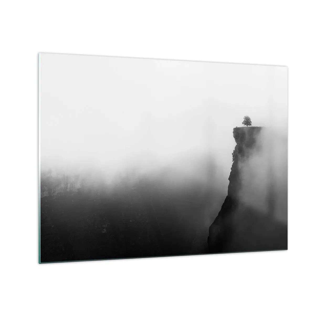 Obraz na skle - Osamelý strom na okraji útesu v hustej hmle - 70x50cm - Na okraji sveta - Moderná nástenná dekorácia do obývacej izby a spálne ARTTOR