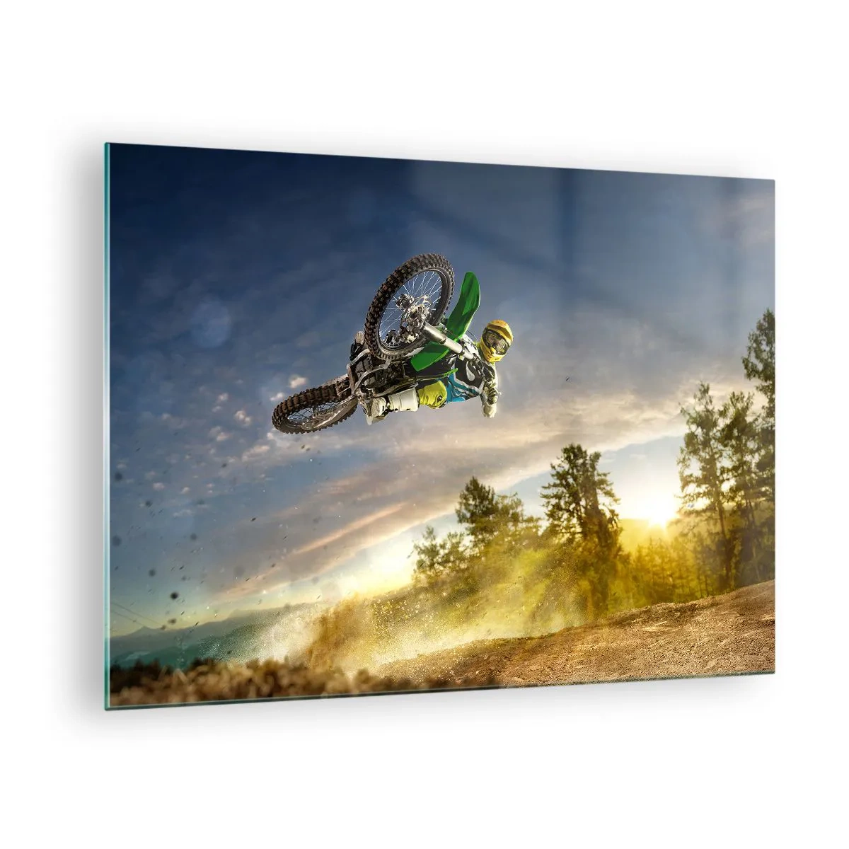 Obraz na skle - Motocyklista v akcii na pozadí zapadajúceho slnka - 70x50cm - Zapni emócie! - Moderná nástenná dekorácia do obývacej izby a spálne ARTTOR