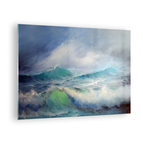 Obraz na skle - Rozbúrené oceánske vlny s vtákmi na zamračenej oblohe - 70x50cm - „Víchrica zavyla triumfálne…“ - Moderná nástenná dekorácia do obývacej izby a spálne ARTTOR