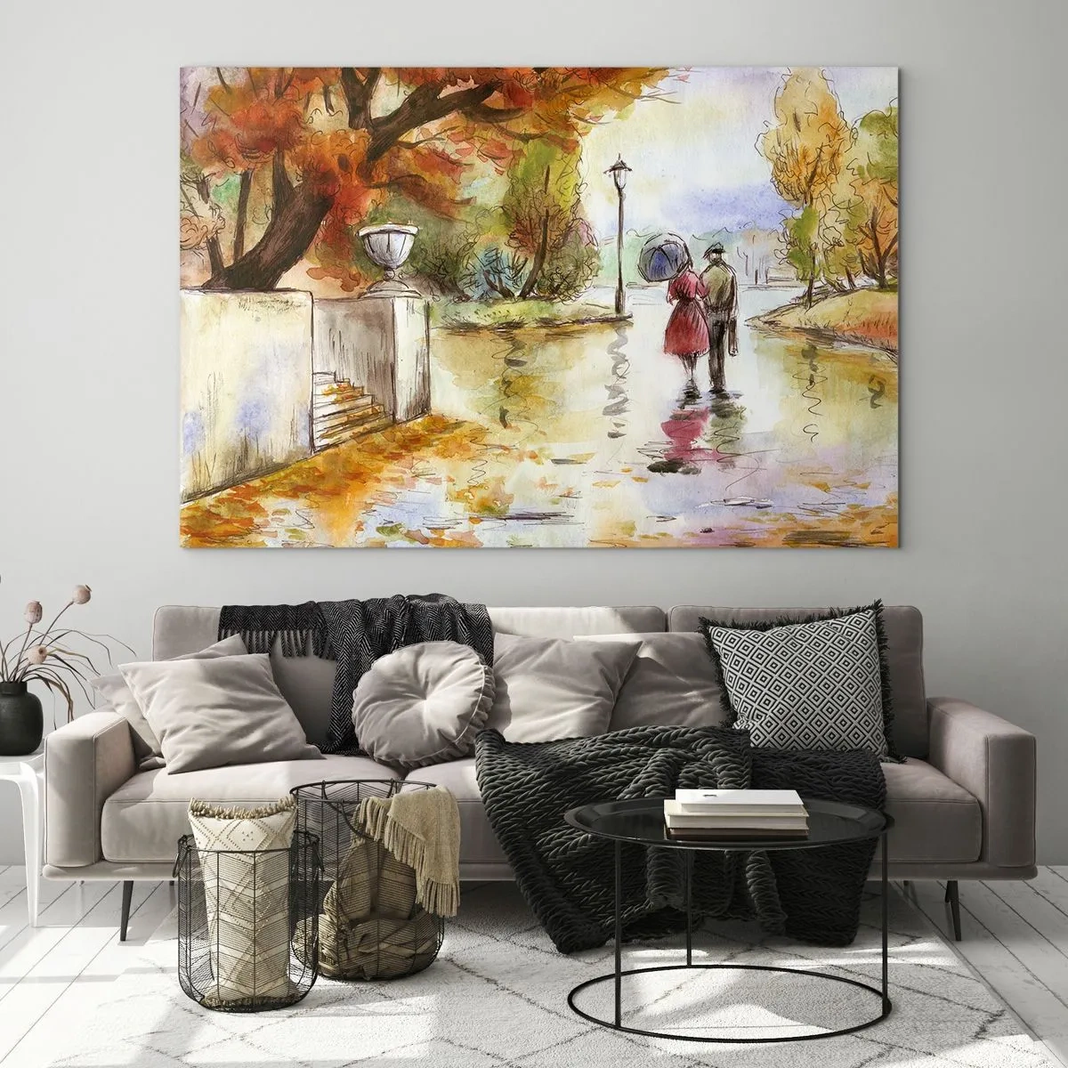 Obraz na skle - Jesenná prechádzka páru parkom s farebnými listami - 70x50cm - Romantická jeseň v parku
- Moderná nástenná dekorácia do obývacej izby a spálne ARTTOR