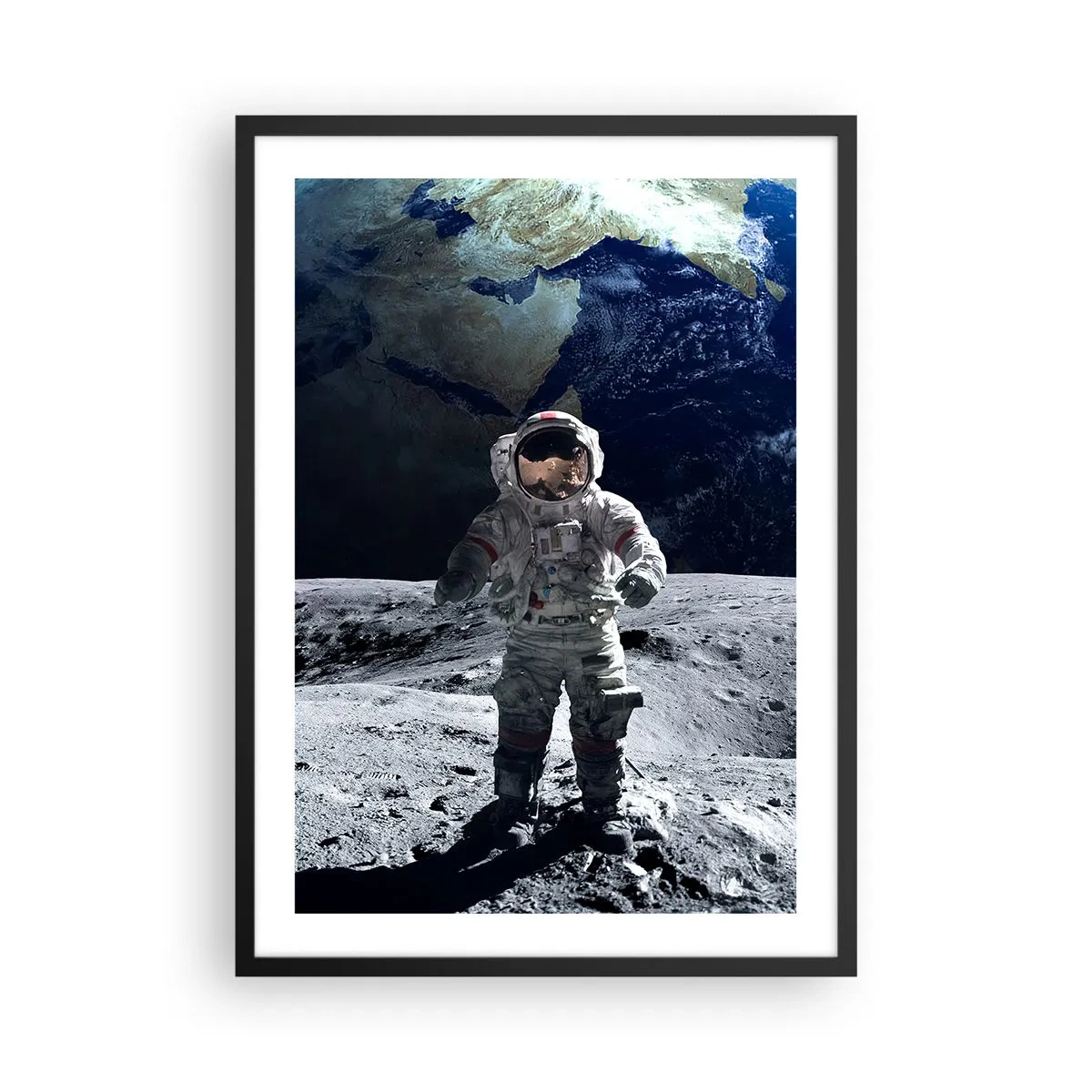Plagát v čiernom ráme - Astronaut na povrchu Mesiaca - 50x70cm - Pozdravy z Mesiaca - Moderná nástenná dekorácia do obývacej izby a spálne ARTTOR