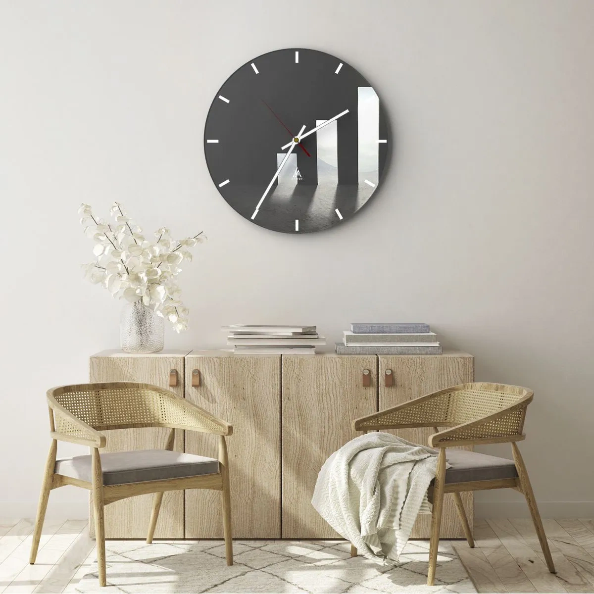 Nástenné hodiny - Silueta muža vo svetle geometrických portálov - 30x30cm - Úspech – impresia - Moderná nástenná dekorácia do obývacej izby, kuchyne a spálne ARTTOR