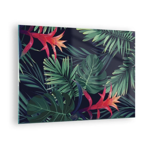 Obraz na skle - Exotické listy a kvety na tmavom pozadí - 70x50cm - Vzplanúť v zelenom - Moderná nástenná dekorácia do obývacej izby a spálne ARTTOR