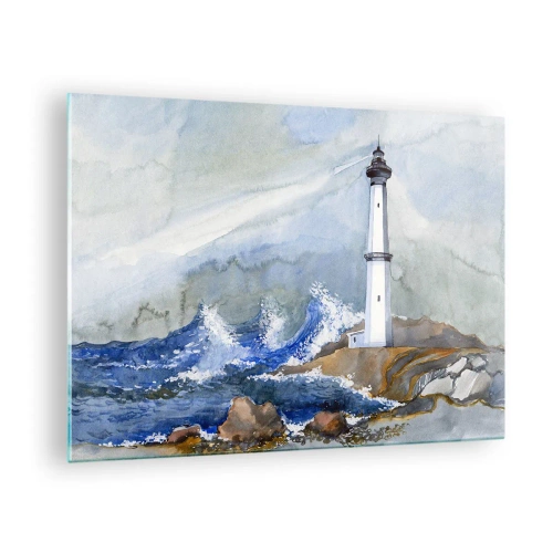 Obraz na skle - Maják pri rozbúrenom mori v akvarelovom štýle - 70x50cm - Proti tme a hromobitiu - Moderná nástenná dekorácia do obývacej izby a spálne ARTTOR