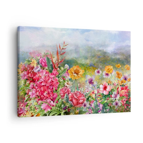 Obraz na plátne - Farebná kompozícia kvetov na pastelovo sfarbenom pozadí krajiny - 70x50cm - Záhrada, ktorá sa zbláznila - Moderná nástenná dekorácia do obývacej izby a spálne ARTTOR