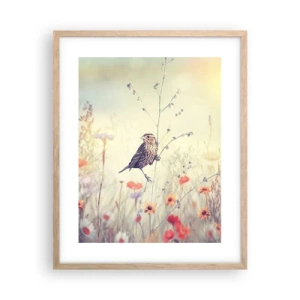 Plagát v ráme zo svetlého duba - Portrét vtáka s lúkou v pozadí - 40x50 cm