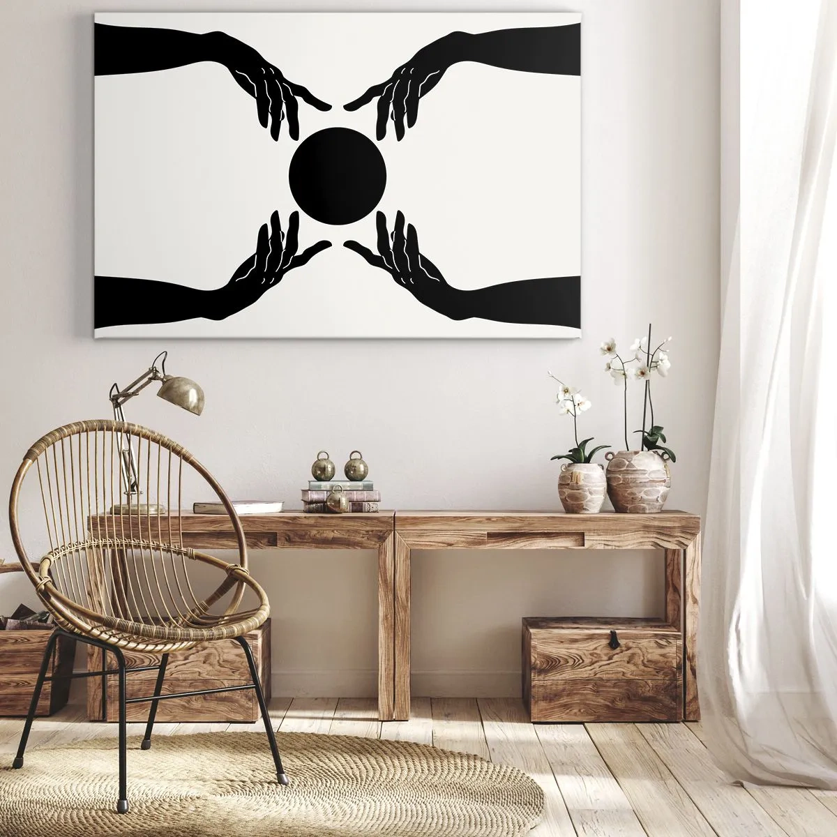 Obraz na plátne - Čierne ruky v symetrickej kompozícii s loptou - 70x50cm - Tajné znamenie - Moderná nástenná dekorácia do obývacej izby a spálne ARTTOR