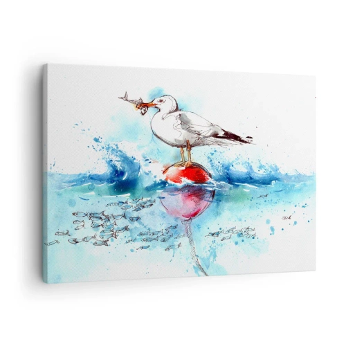 Obraz na plátne - Čajka na bóji s rybou v pozadí v akvarelovom štýle - 70x50cm - Vydarený rybolov - Moderná nástenná dekorácia do obývacej izby a spálne ARTTOR
