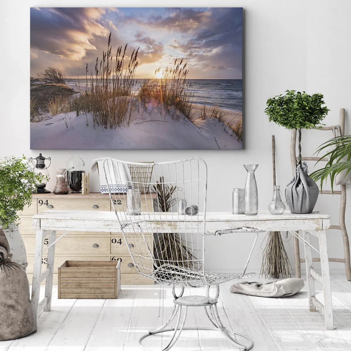 Obraz na plátne - Duny s trávami na pozadí zapadajúceho slnka - 70x50cm - Rozlúčka so slnkom a vetrom - Moderná nástenná dekorácia do obývacej izby a spálne ARTTOR