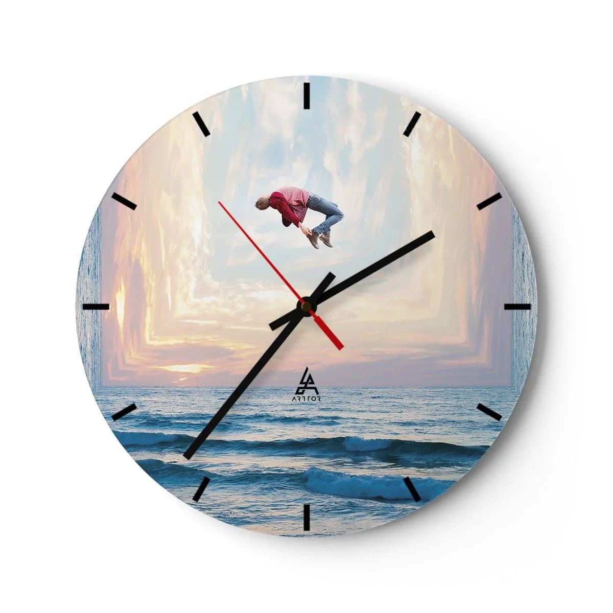 Nástenné hodiny - Skákajúca postava pri mori v surrealistickej krajine - 30x30cm - Do inej dimenzie - Moderná nástenná dekorácia do obývacej izby, kuchyne a spálne ARTTOR