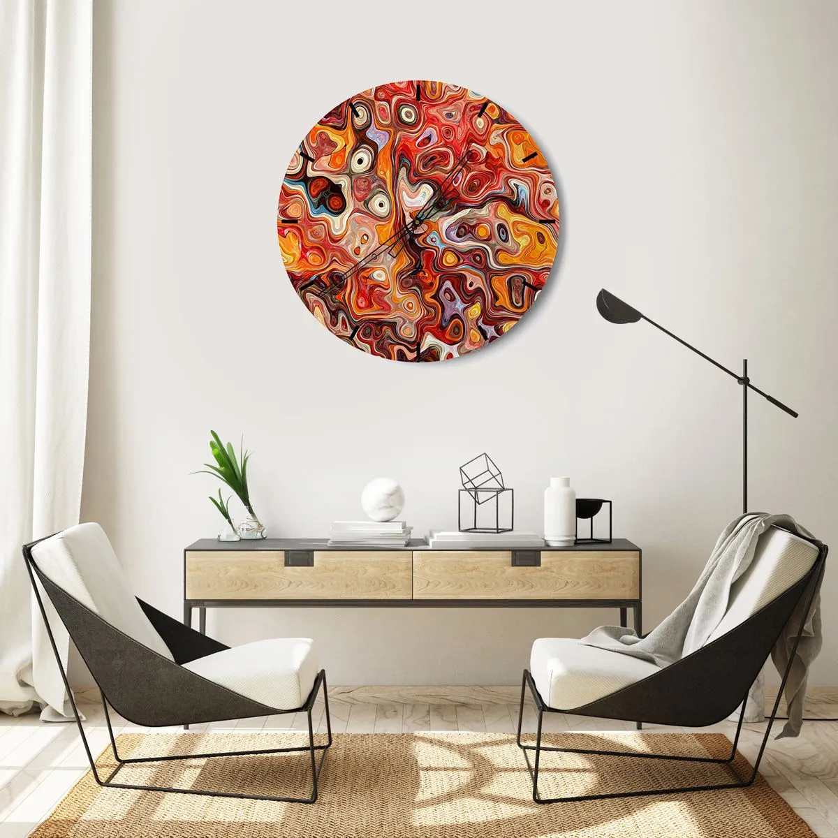 Nástenné hodiny - Abstraktný vzor v odtieňoch červenej, oranžovej a žltej - 30x30cm - Keby sa orechy rozpúšťali v mede - Moderná nástenná dekorácia do obývacej izby, kuchyne a spálne ARTTOR