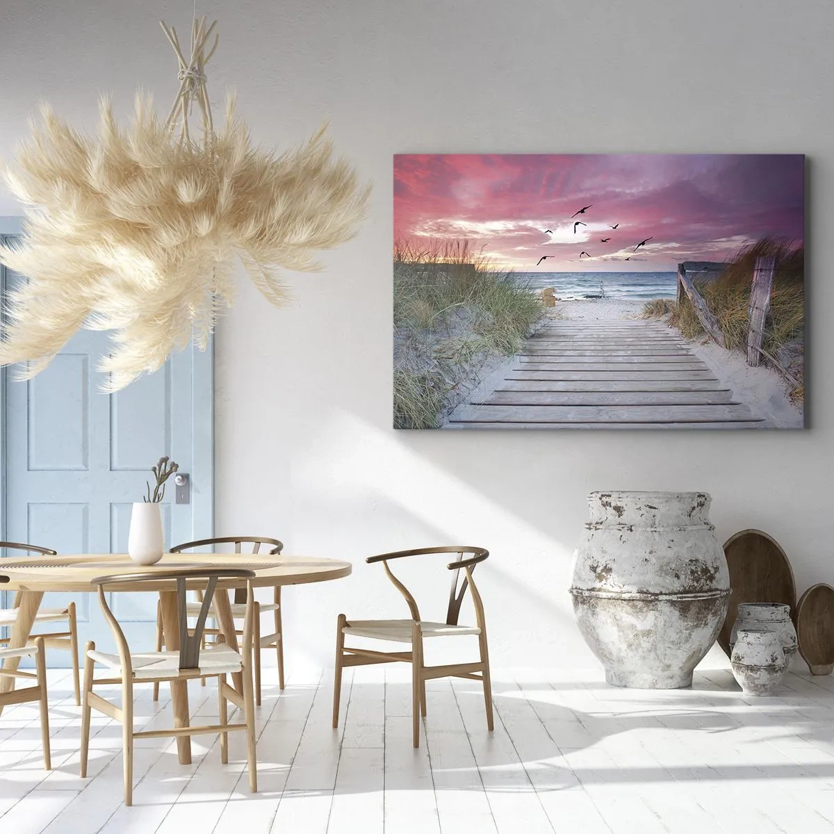 Obraz na plátne - Drevený chodník na pláži pri ružovom západe slnka - 70x50cm - Baltská impresia - Moderná nástenná dekorácia do obývacej izby a spálne ARTTOR