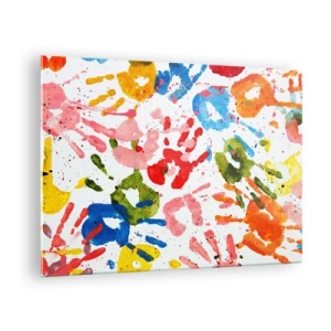 Obraz na skle - Farebné odtlačky rúk na bielom pozadí - 70x50cm - Choď v stopách - Moderná nástenná dekorácia do obývacej izby a spálne ARTTOR