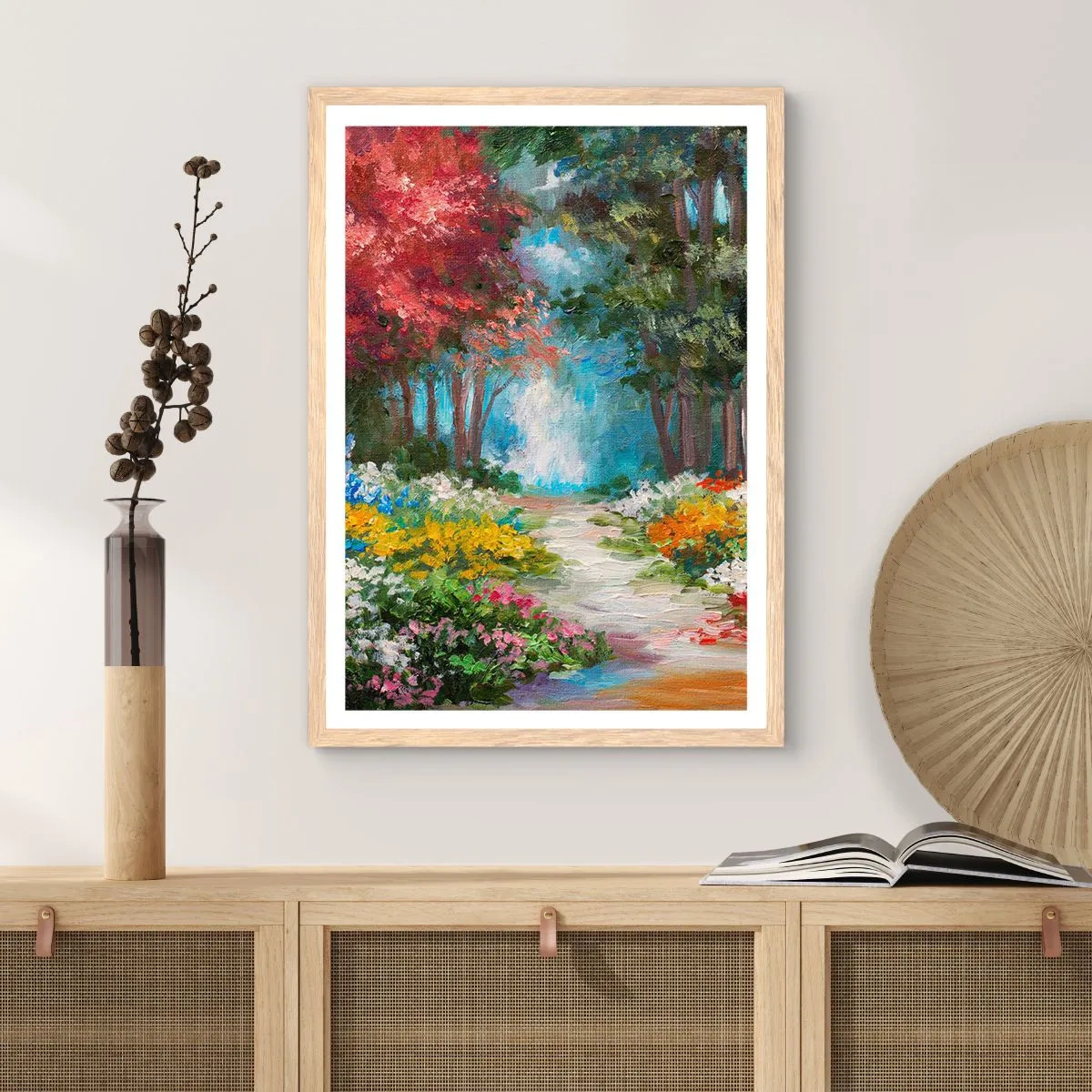Plagát v ráme zo svetlého duba - Lesná záhrada, kvetinový les - 30x40 cm