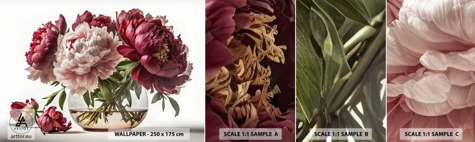 Vzorka samolepiacej fototapety Deluxe Sticker - V plnom rozkvete krásy - Kytica kvetov, Váza, Pivonky - 100x30 cm