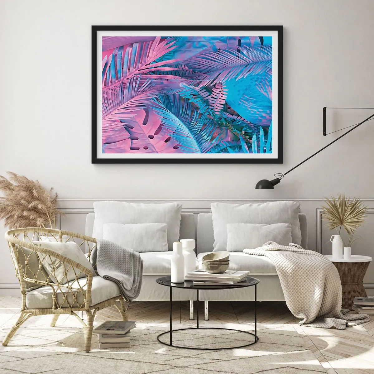 Plagát v čiernom ráme - Tropy v ružovej a modrej - 100x70 cm