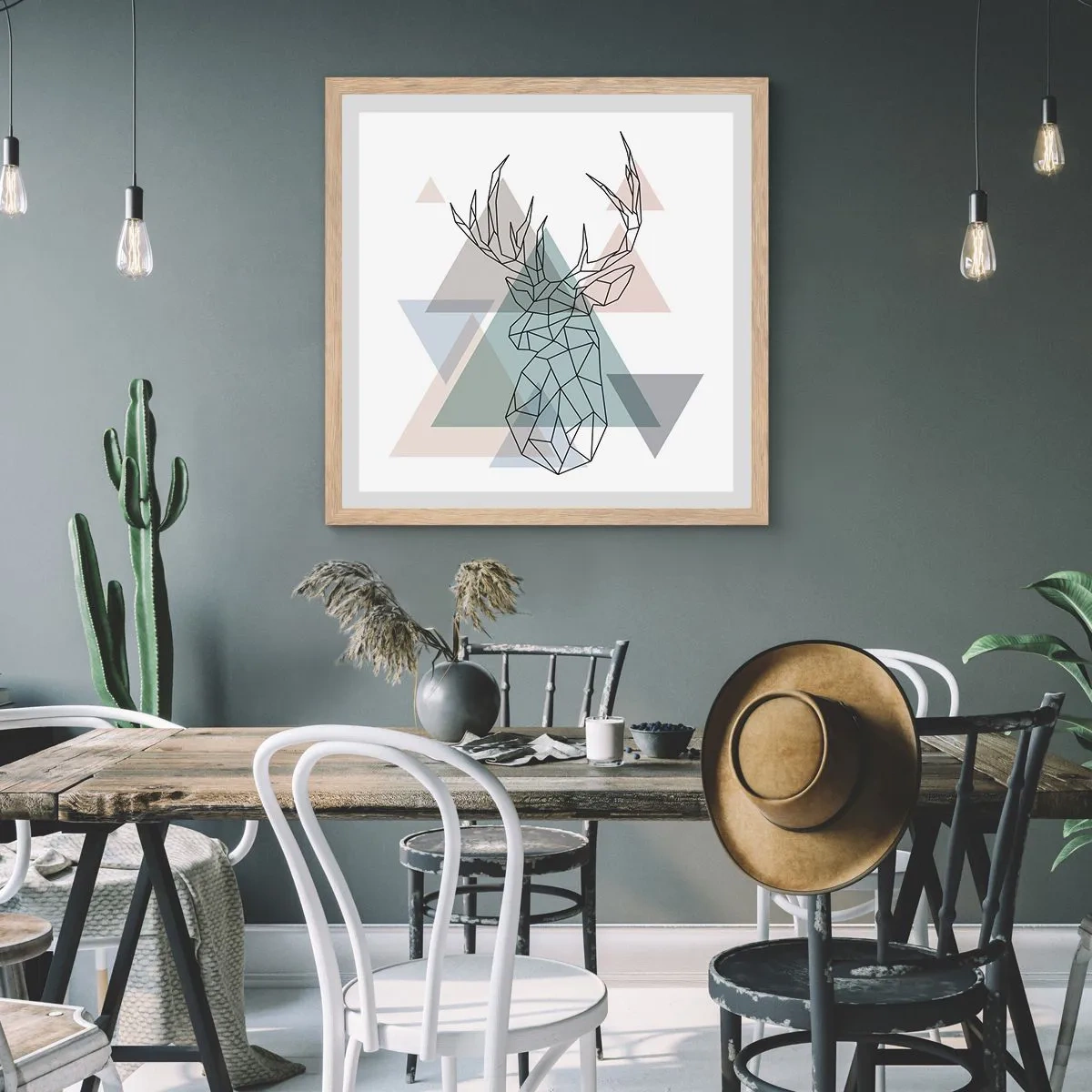 Plagát v ráme zo svetlého duba - V geometrickom lese - 60x60 cm