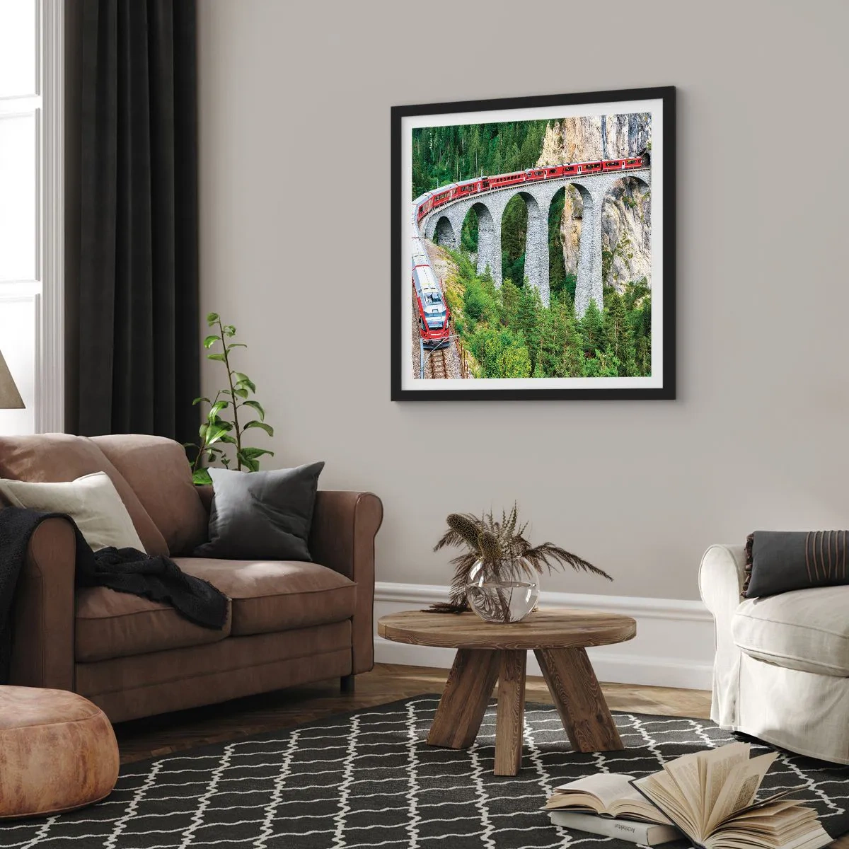Plagát v čiernom ráme - Horský výhľad priamo z vlaku - 60x60 cm