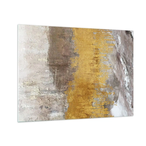 Obraz na skle - Zlaté a zemité štruktúry vytvárajú dynamickú abstrakciu - 70x50cm - Zlatistý závan - Moderná nástenná dekorácia do obývacej izby a spálne ARTTOR
