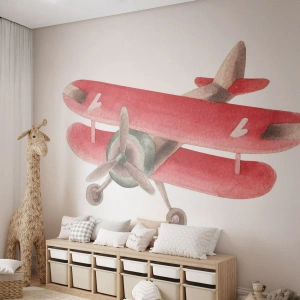 Fototapeta Standard Eco - Červený retro dvojplošník na bielom pozadí - 100x70cm - Pripravený na vysoký let - Moderná nástenná dekorácia do obývacej izby a spálne ARTTOR