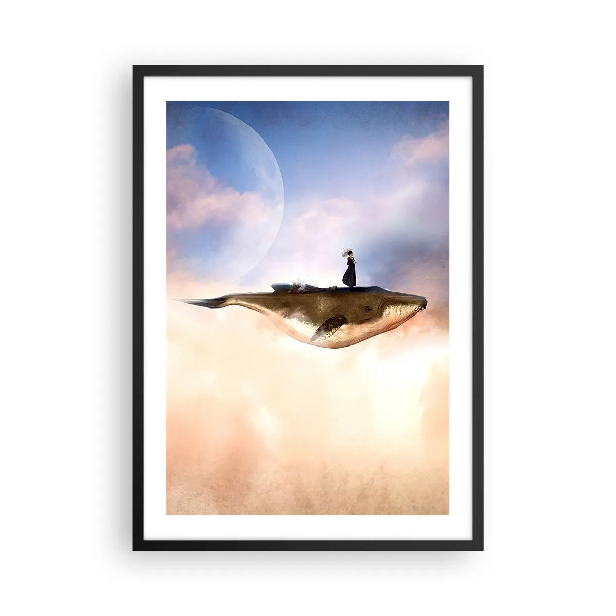 Plagát v čiernom ráme - Surrealistický obraz ženy jazdiacej na veľrybe medzi oblakmi. - 50x70cm - Surrealistická cesta - Moderná nástenná dekorácia do obývacej izby a spálne ARTTOR