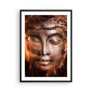 Plagát v čiernom ráme - Socha Budhu žiariaca teplým svetlom - 50x70cm - Existuje iba tu a teraz - Moderná nástenná dekorácia do obývacej izby a spálne ARTTOR