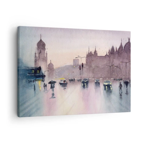 Obraz na plátne - Mestská ulica za súmraku v akvarelovom štýle - 70x50cm - V daždivom opare - Moderná nástenná dekorácia do obývacej izby a spálne ARTTOR