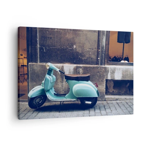 Obraz na plátne - Retro skúter zaparkovaný pri kamennom múre - 70x50cm - Nezabudnuteľná nálada - Moderná nástenná dekorácia do obývacej izby a spálne ARTTOR