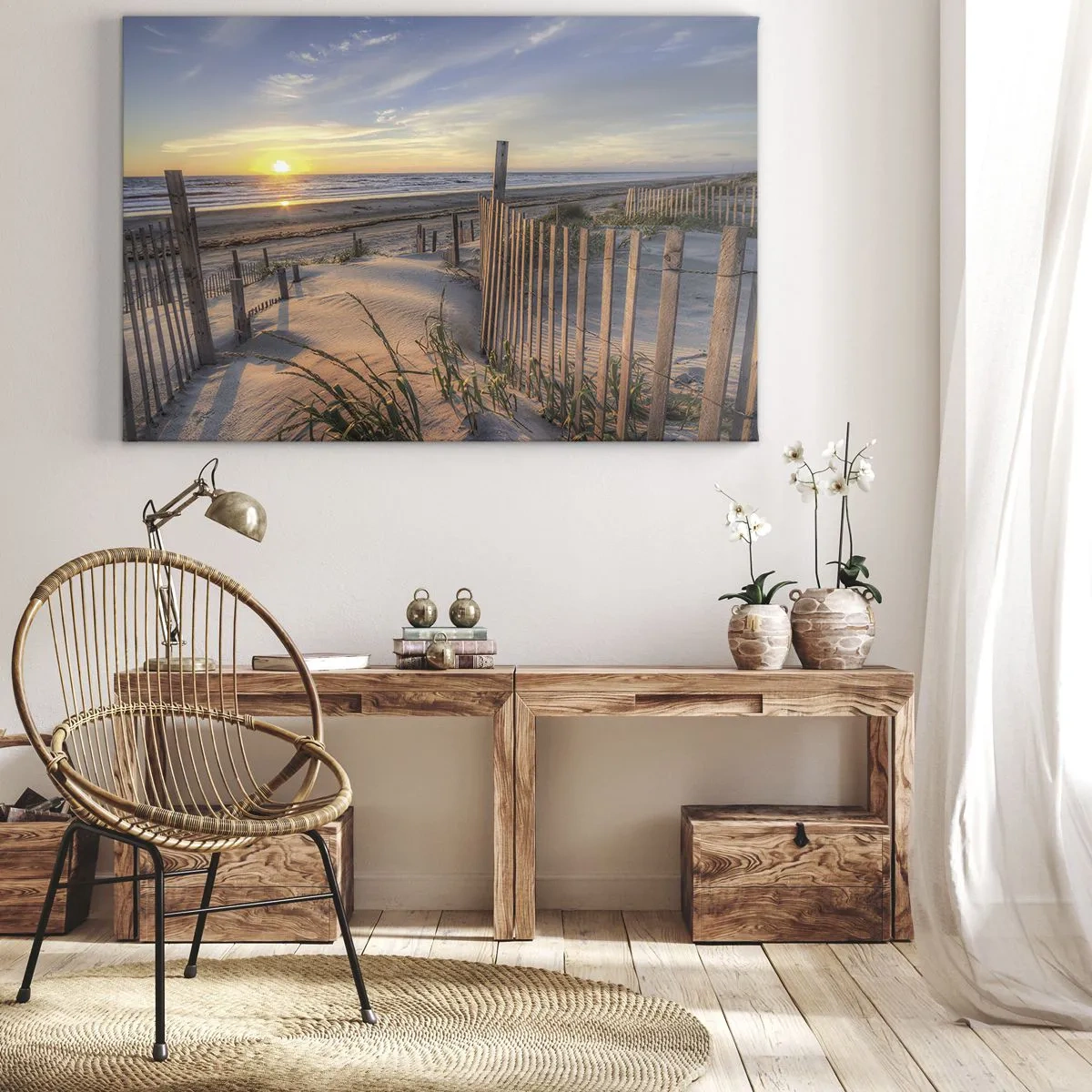 Obraz na plátne - Západ slnka na pláži s dreveným plotom - 70x50cm - Odlesk a tieň vetra - Moderná nástenná dekorácia do obývacej izby a spálne ARTTOR