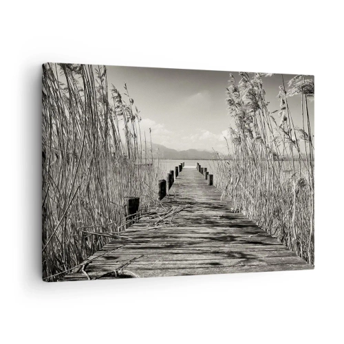 Obraz na plátne - Drevené mólo medzi vysokými trávami nad sépiovo farbeným jazerom - 70x50cm - V ústraní tráv - Moderná nástenná dekorácia do obývacej izby a spálne ARTTOR