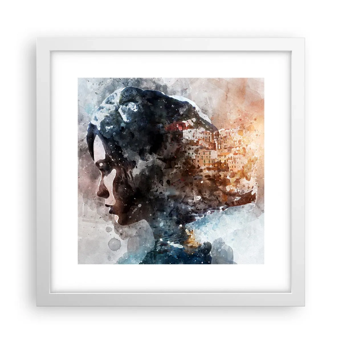 Plagát v bielom ráme - Príbeh o dievčati s mestom v pozadí - 30x30 cm