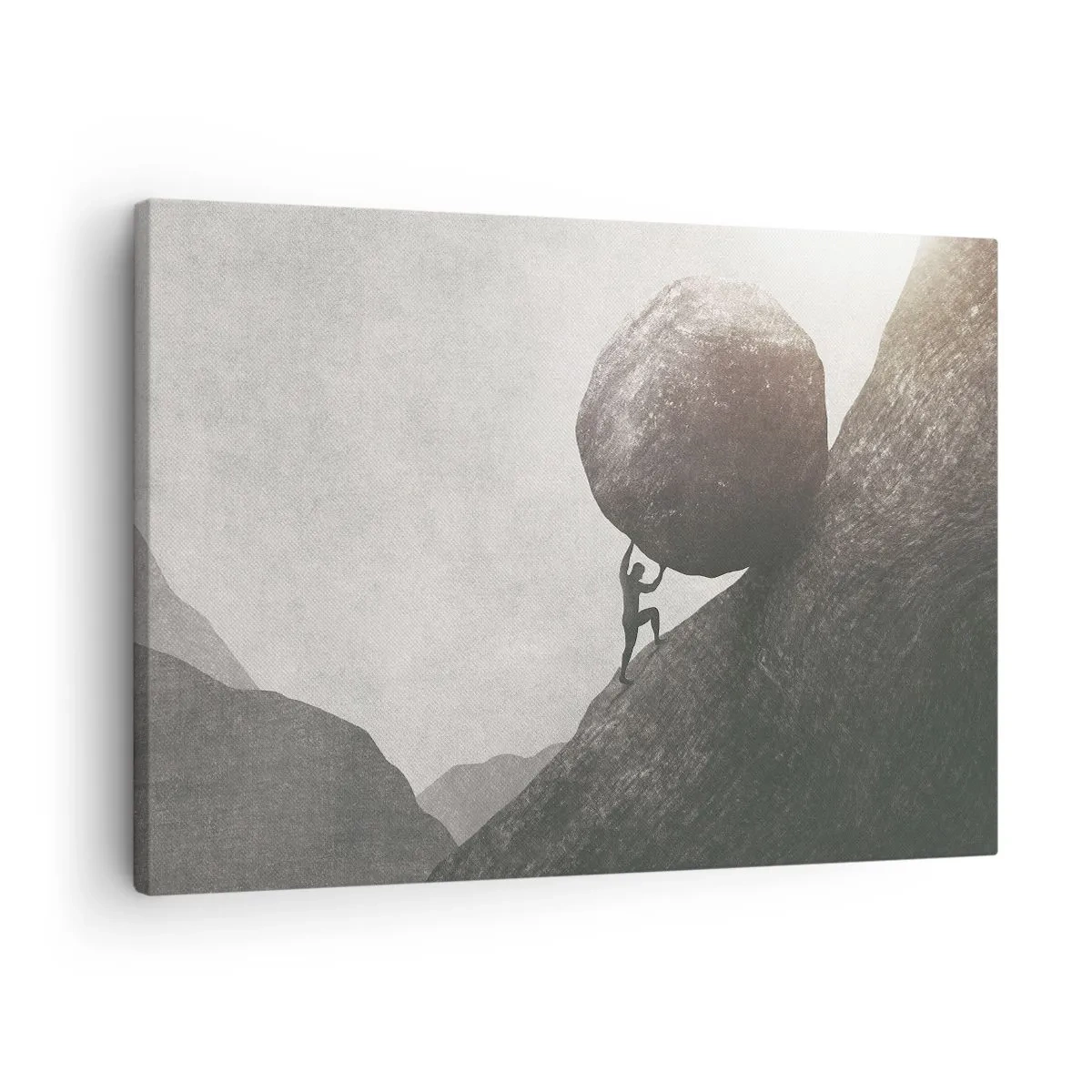 Obraz na plátne - Muž lezie na obrovský balvan do kopca - 70x50cm - Verím, proti všetkej nádeji - Moderná nástenná dekorácia do obývacej izby a spálne ARTTOR