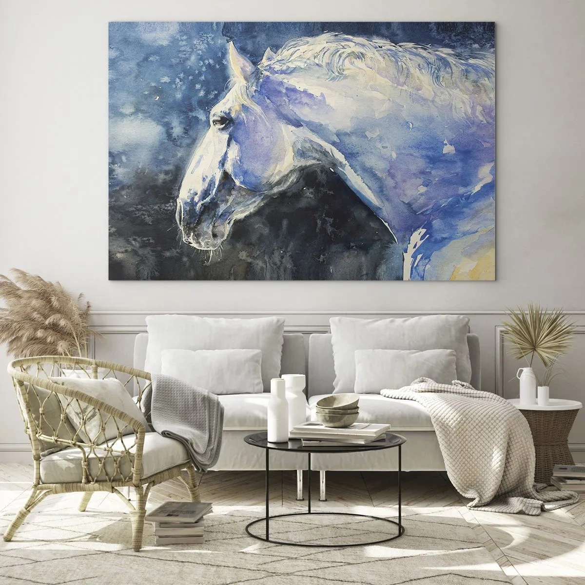 Obraz na skle - Akvarelová portrét koňa v odtieňoch modrej - 70x50cm - Portrét v modrej žiare - Moderná nástenná dekorácia do obývacej izby a spálne ARTTOR