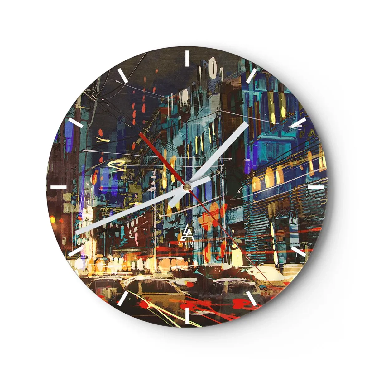 Nástenné hodiny - Farebný abstrakt zobrazujúci nočné mesto - 30x30cm - Večerný pouličný ruch - Moderná nástenná dekorácia do obývacej izby, kuchyne a spálne ARTTOR