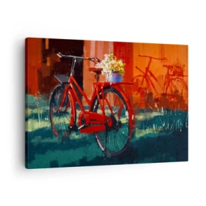 Obraz na plátne - Červený bicykel s kvetmi na oranžovej stene - 70x50cm - I want to ride my bicycle - Moderná nástenná dekorácia do obývacej izby a spálne ARTTOR