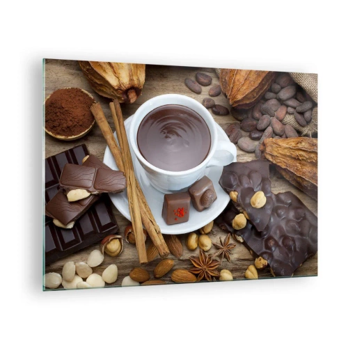 Obraz na skle - Šálka horúcej čokolády s polevami na rustikálnom pozadí - 70x50cm - Z rozprávkovej továrne na čokoládu - Moderná nástenná dekorácia do obývacej izby a spálne ARTTOR