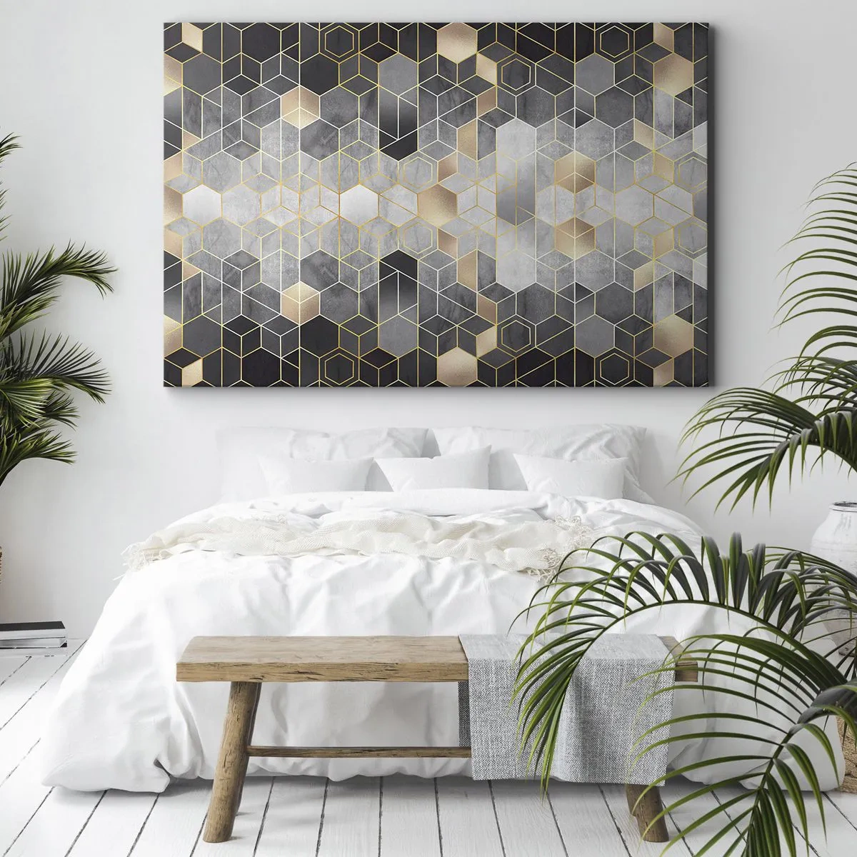 Obraz na plátne - Geometrický vzor v zlatých odtieňoch - 70x50cm - Diamantová kompozícia - Moderná nástenná dekorácia do obývacej izby a spálne ARTTOR