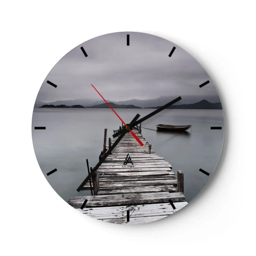 Nástenné hodiny - Drevené mólo na pokojnom jazere s loďkou v pozadí - 30x30cm - Zajtra môžeš vyraziť - Moderná nástenná dekorácia do obývacej izby, kuchyne a spálne ARTTOR